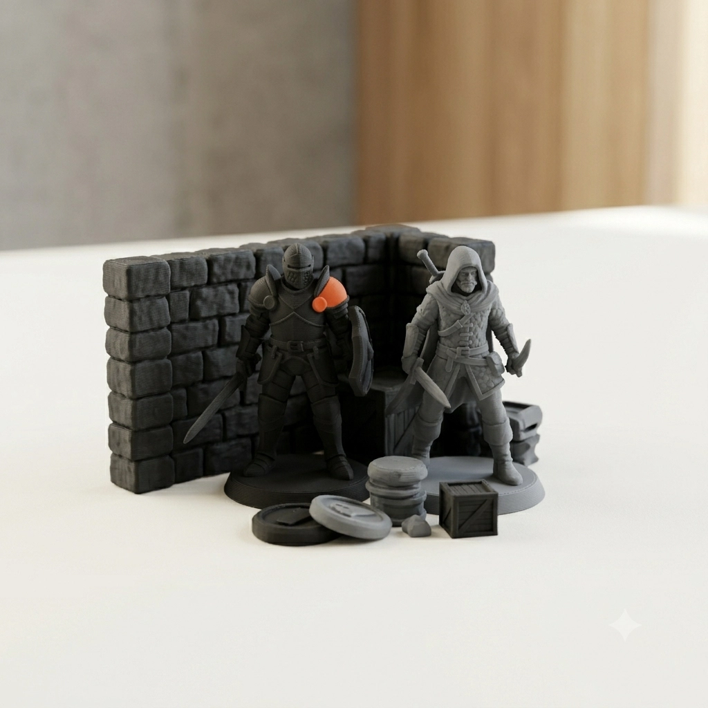 3D-printed miniatures and tabletop game pieces