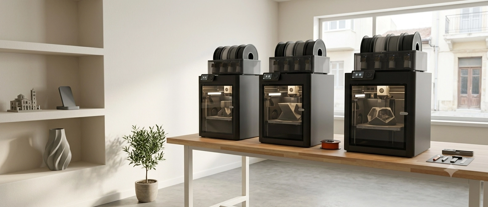 Bambu Lab printers running in the studio